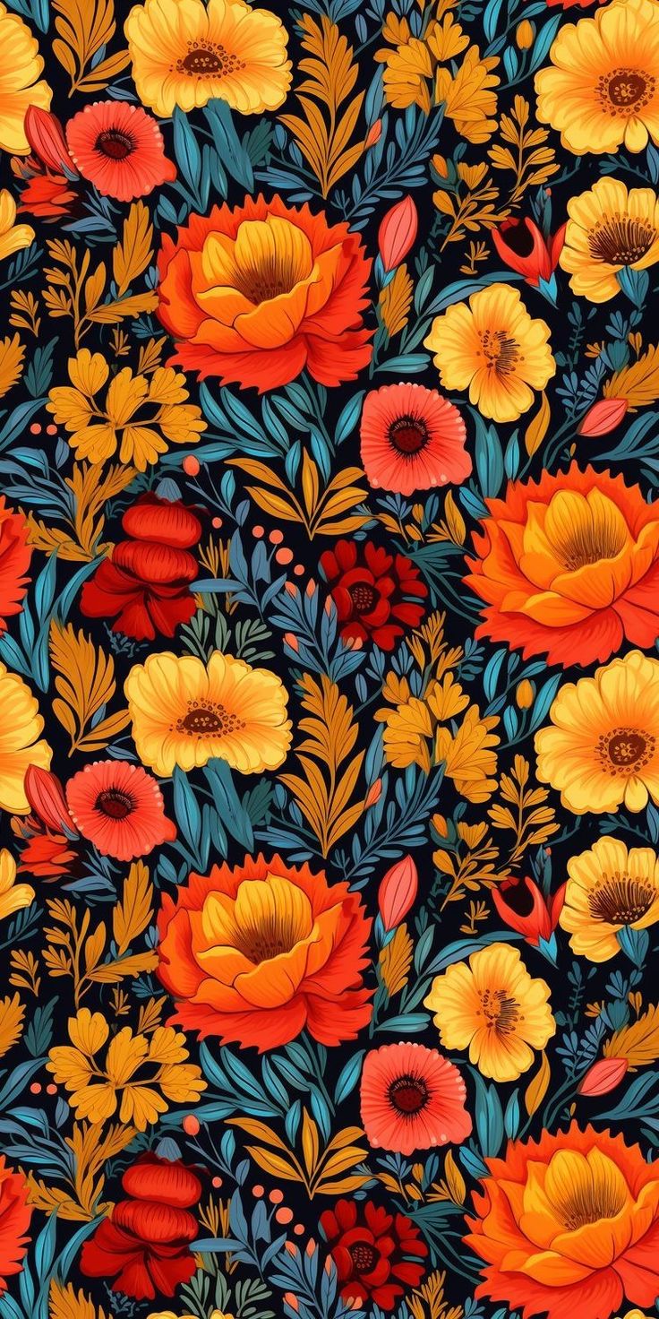 an orange and yellow flower pattern on a black background with green leaves, red flowers, and blue foliage