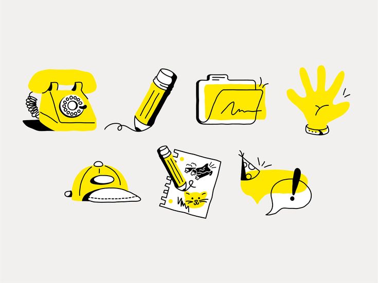 an image of various objects drawn in yellow and black on a white background with hand prints