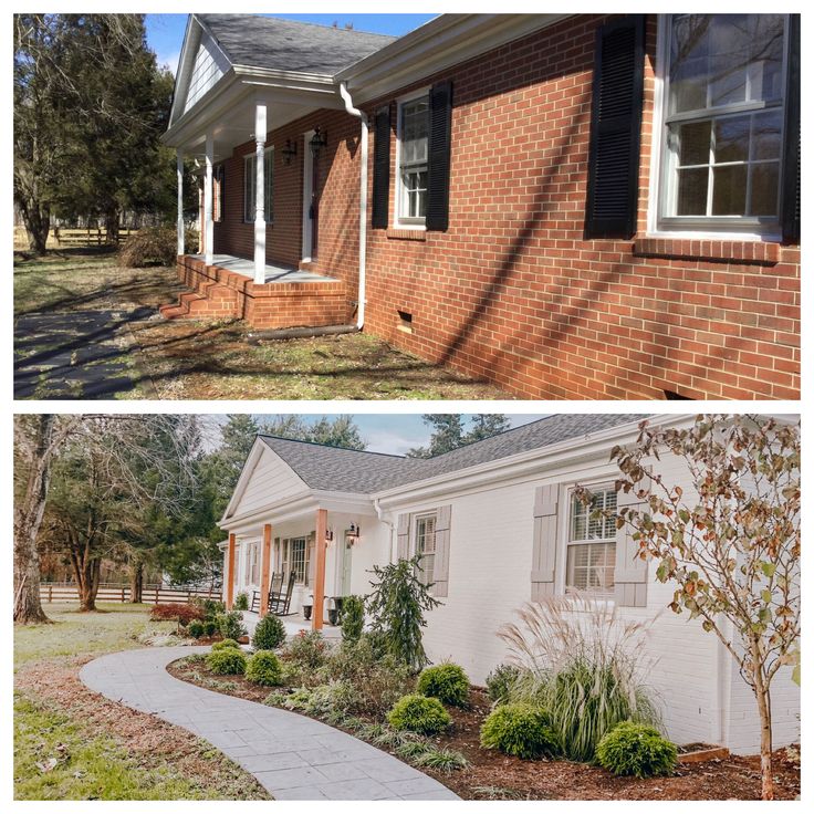 before and after pictures of a brick house with white trim on the front door, side by side