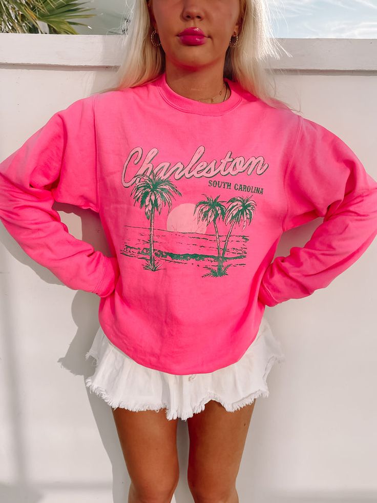 Pink Cotton Sweatshirt For The Beach, Summer Pink Crew Neck Sweatshirt, Pink Summer Vacation Sweatshirt, Casual Pink Beach Sweatshirt, Trendy Spring Beach Sweatshirt, Pink Sweatshirt For Summer Vacation, Trendy Sweatshirt For Beach In Spring, Pink Crew Neck Sweatshirt For Summer, Pink Casual Sweatshirt For Summer