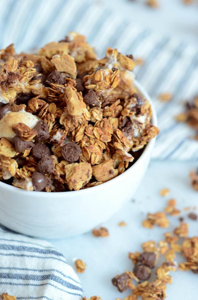 a bowl filled with granola and chocolate chips