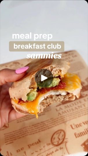 a person holding a sandwich in their hand with the words meal prep breakfast club samples