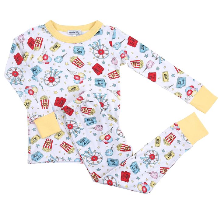 Cuddle up in dreamy comfort with these playful "Day at the Fair" Long Pajamas! Made of breathable bamboo, this two-piece set features a fair print sure to transport your kids to a magical land of fun! Perfect for both boys or girls. Multicolor Cotton Sleepwear With Cartoon Print, Playful Printed Cotton Sleepwear, Playful Printed Sets For Loungewear, Playful Printed Loungewear Set, Playful Character Print Sleepwear For Bedtime, Cotton Sleepwear With Graphic Print For Sleepover, Cotton Graphic Print Sleepwear For Sleepovers, Playful Printed Sleep Sets, Playful Cartoon Print Sleepwear