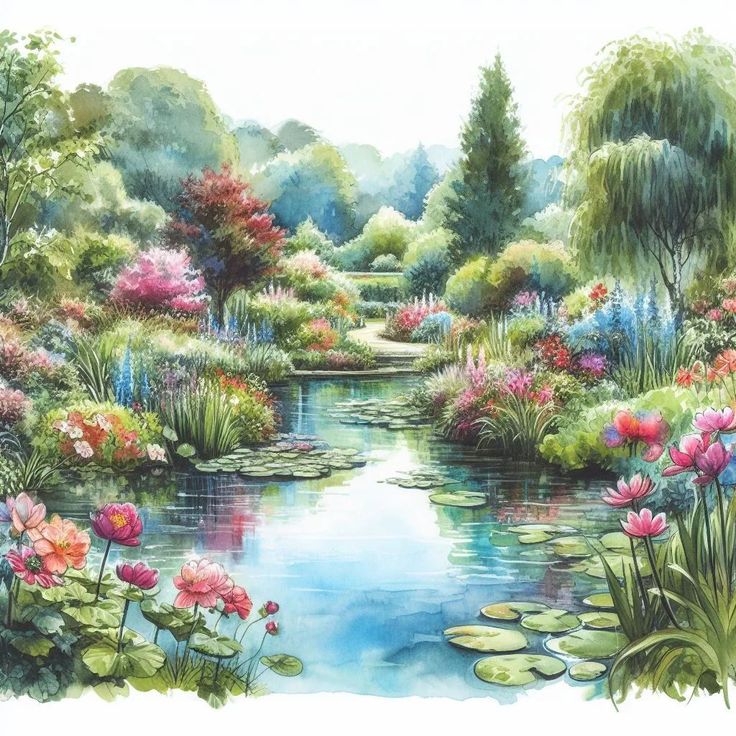 a painting of flowers and water lilies in a pond