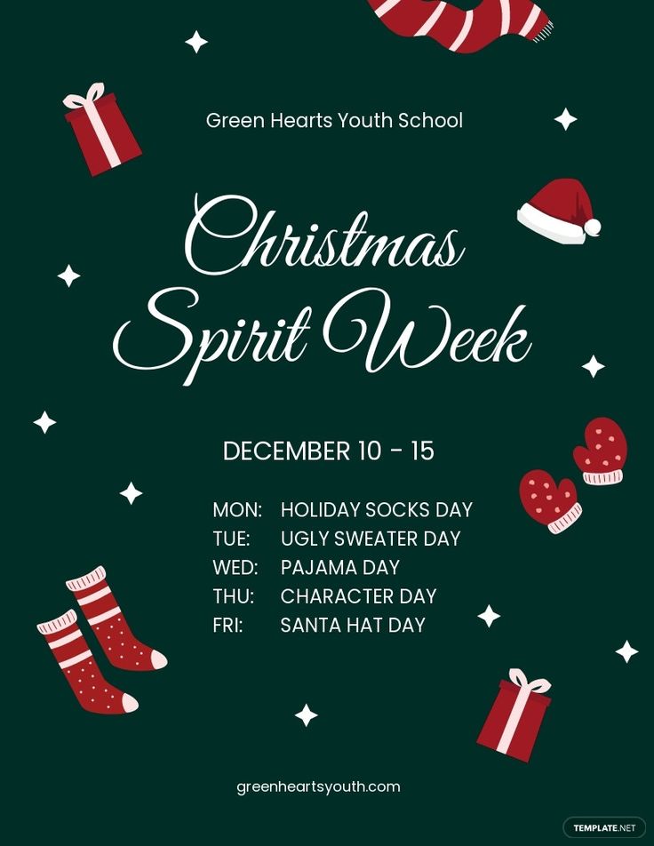 the christmas spirit week poster for green hearts youth school, december 10 - 15 with santa hats and mittens