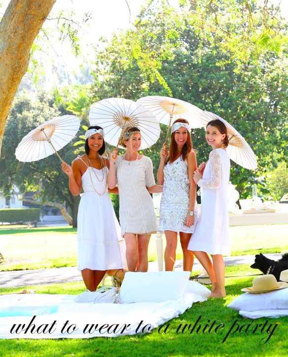 three women in white dresses are holding umbrellas