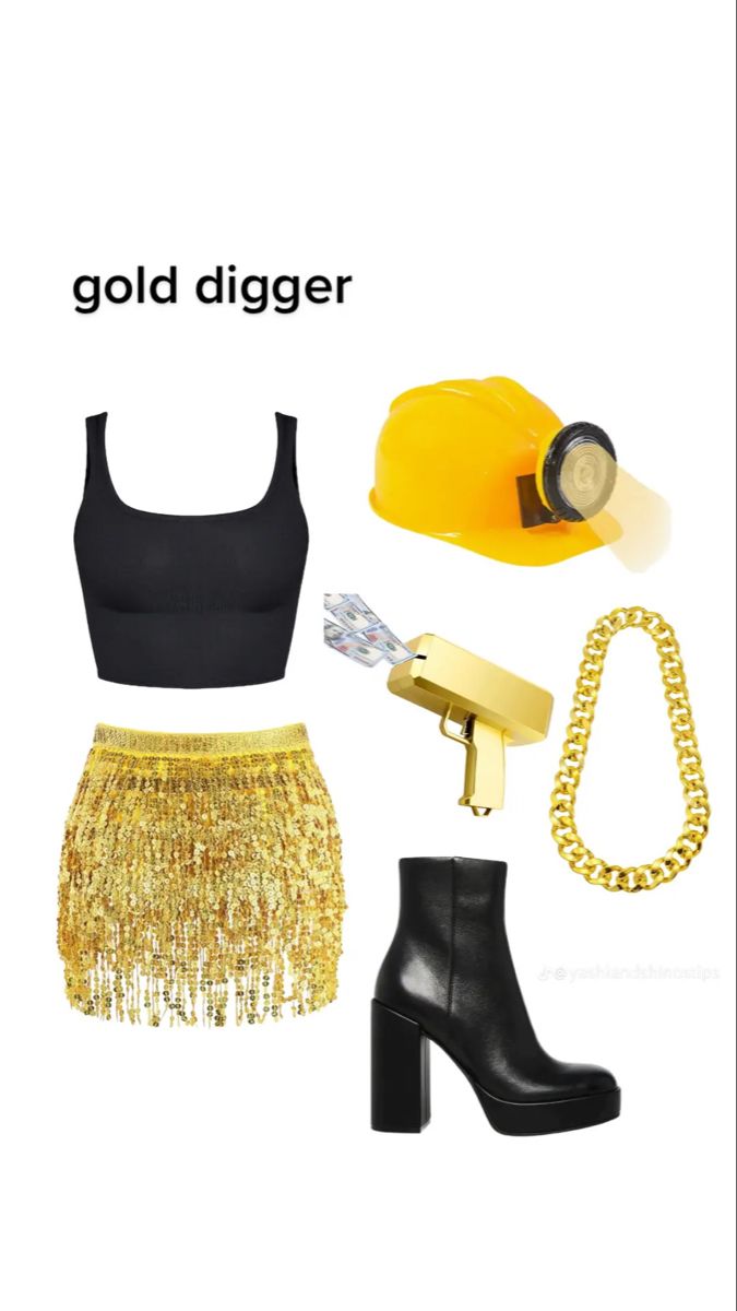 a woman's outfit is shown with gold accessories and shoes, including a yellow hard hat