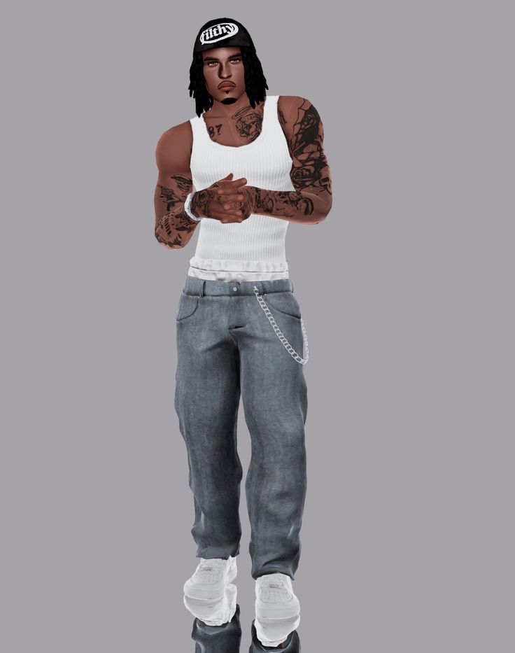 a man with tattoos standing in front of a gray background wearing grey jeans and white tank top