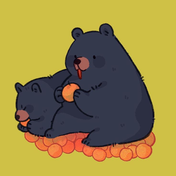 two bears sitting on top of carrots with their mouths open and one bear eating an orange