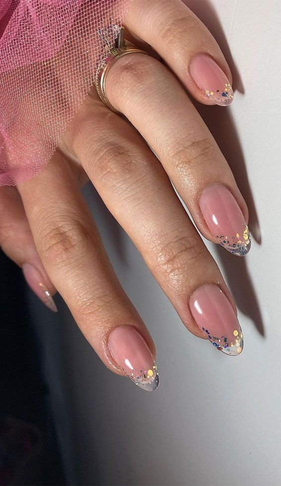 Clear Tip Nails, French Glass Nails, Sparkly French Manicure, Reverse French Nails, Sparkly Nail Designs, Sparkly Acrylic Nails, Glitter French Tips, Nail Tip Designs, Gold Decal