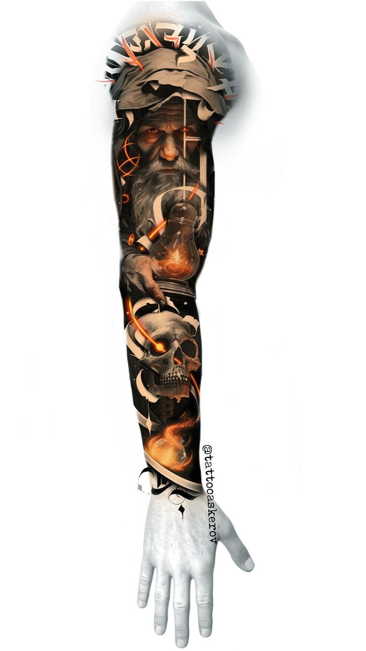 a man's arm with flames and skulls on it, as if he is holding his hand out