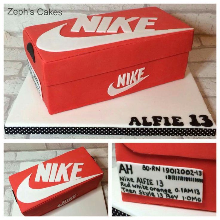 a cake that looks like a nike box with the word's logo on it