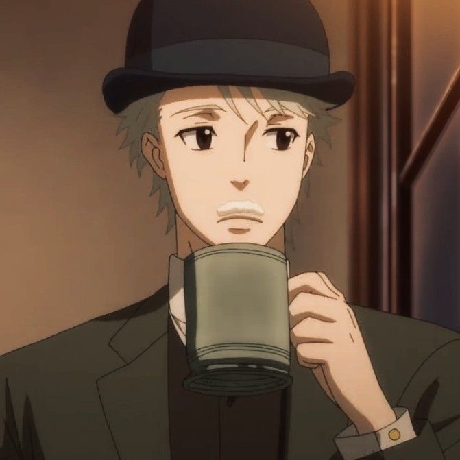 an anime character holding a cup in his hand