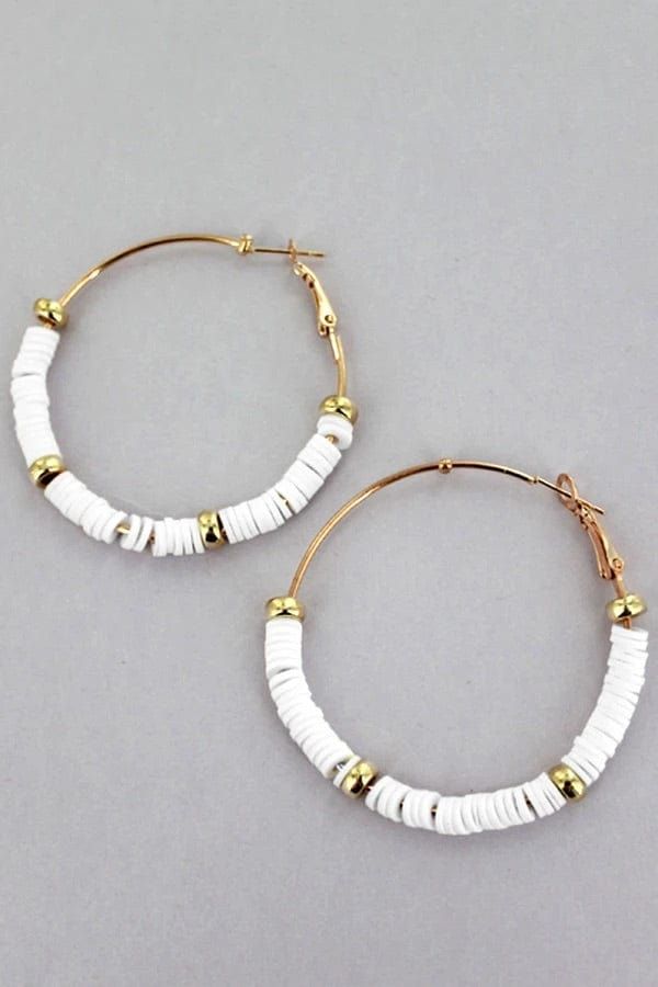 White disc hoop earrings Southwest Bedazzle jewelz Adjustable Circle Earrings For Summer, Summer Adjustable Circle Earrings, Nickel Free Summer Hoop Earrings, Nickel-free Circle Hoop Earrings For Summer, Summer Nickel Free Hoop Earrings, Chic Hoop Earrings With Ear Wire, Trendy Hoop Beaded Earrings For Pierced Ears, Trendy Nickel-free Beaded Hoop Earrings, Trendy Summer Hoop Earrings With Ear Wire