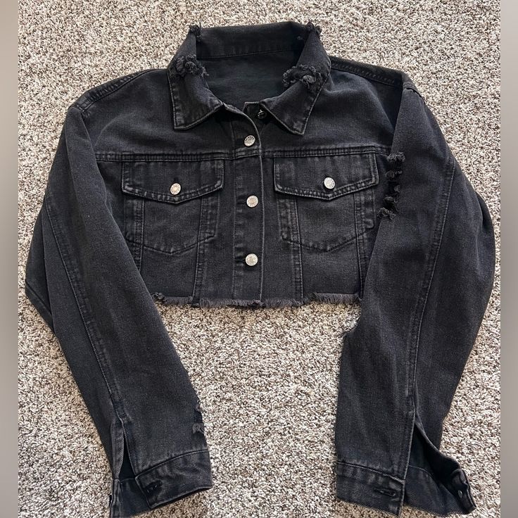 Brand New/ Never Used Black Cropped Outerwear For Fall, Black Long Sleeve Denim Jacket For Spring, Black Cropped Jacket With Pockets For Spring, Cheap Black Denim Outerwear, Black Long Sleeve Denim Jacket For Fall, Black Cropped Casual Outerwear, Trendy Black Cropped Outerwear, Casual Black Cropped Outerwear, Cheap Black Denim Jacket With Buttons