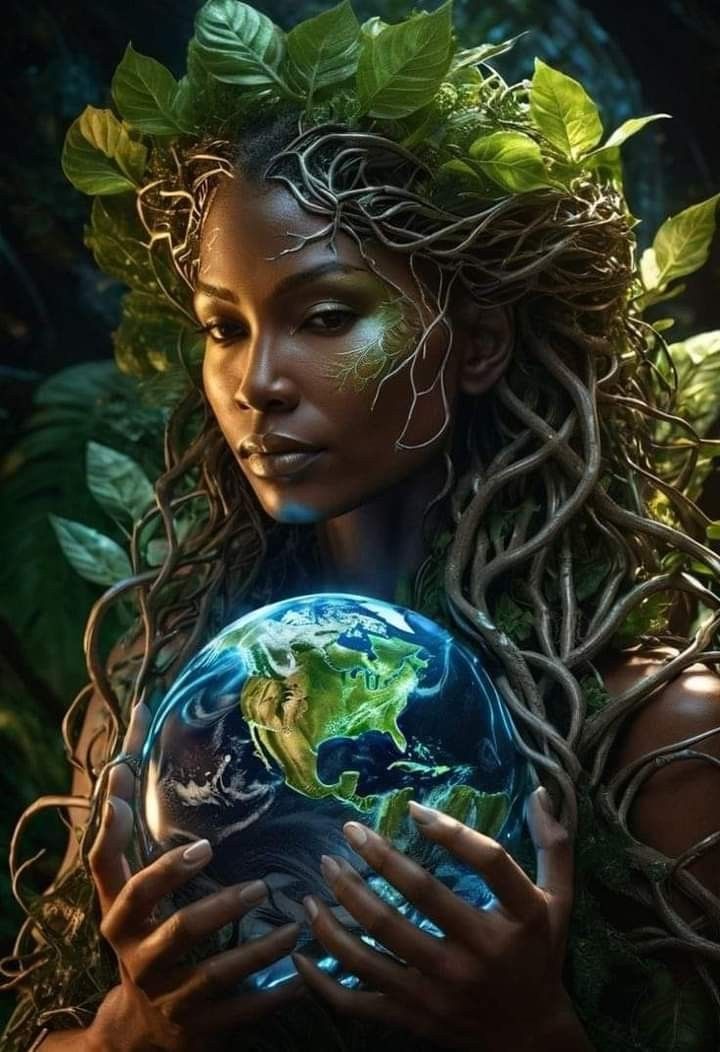 a woman holding a globe in her hands with leaves around her head and green foliage surrounding her