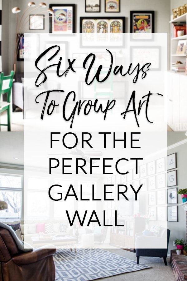 a living room filled with furniture and lots of pictures on the wall above it is text that reads, six ways to group art for the perfect gallery wall