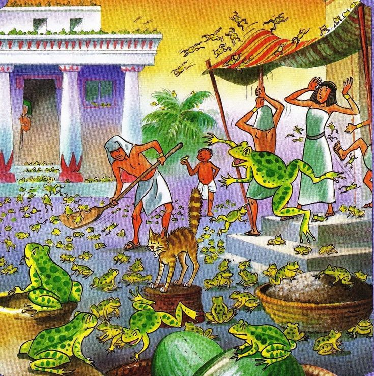 an image of people and animals in front of a building with green frogs on the ground