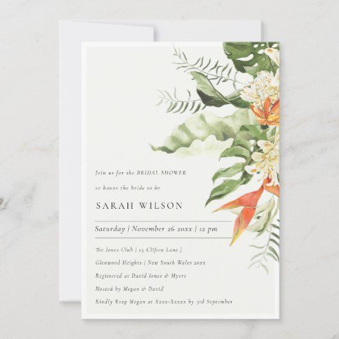 a wedding card with watercolor flowers and leaves on the front, in white paper