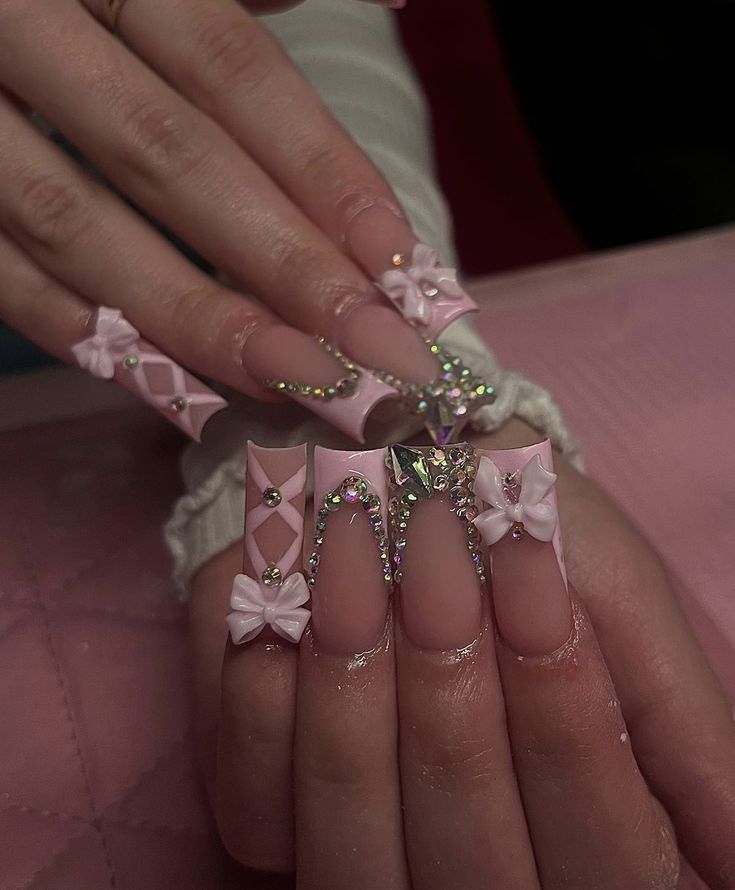 Sweet 16 Nails, Spring Nails Ideas, Quinceanera Nails, Acrylic Toe Nails, Girly Acrylic Nails, French Tip Acrylic Nails, Short Square Acrylic Nails, Acrylic Nails Coffin Pink, Long Square Acrylic Nails