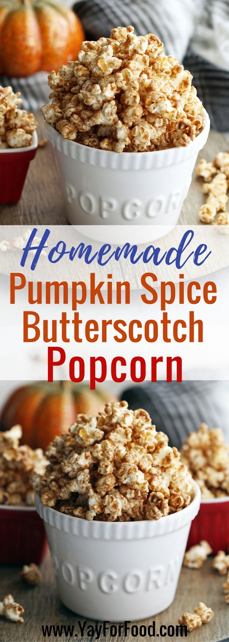 homemade pumpkin spice butterscotch popcorn in white bowls