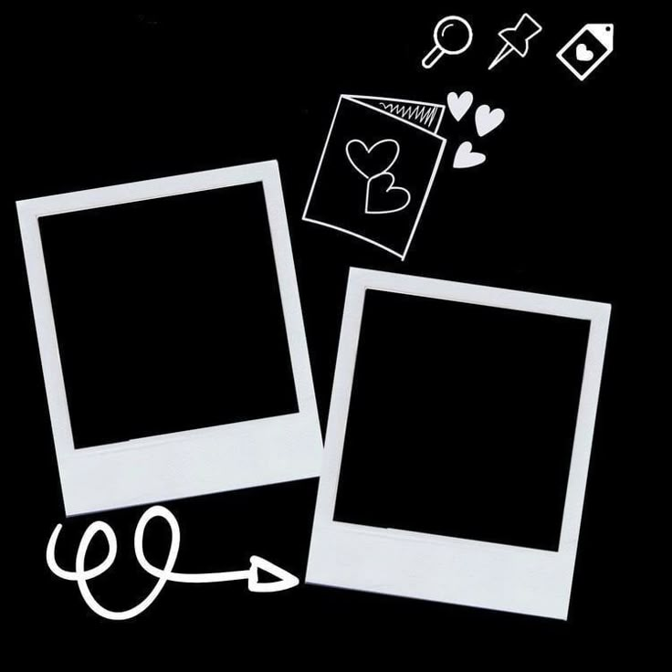 two white polaroid frames sitting next to each other on a black surface with hearts drawn on them