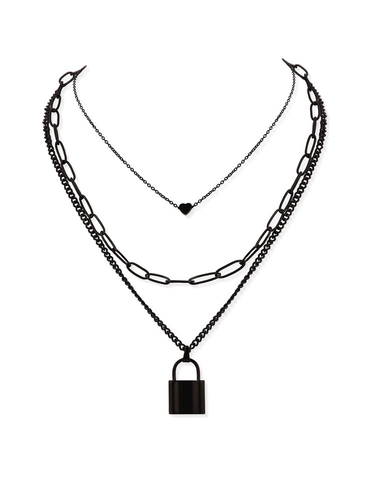 a black necklace with a padlock and chain on the bottom, attached to it