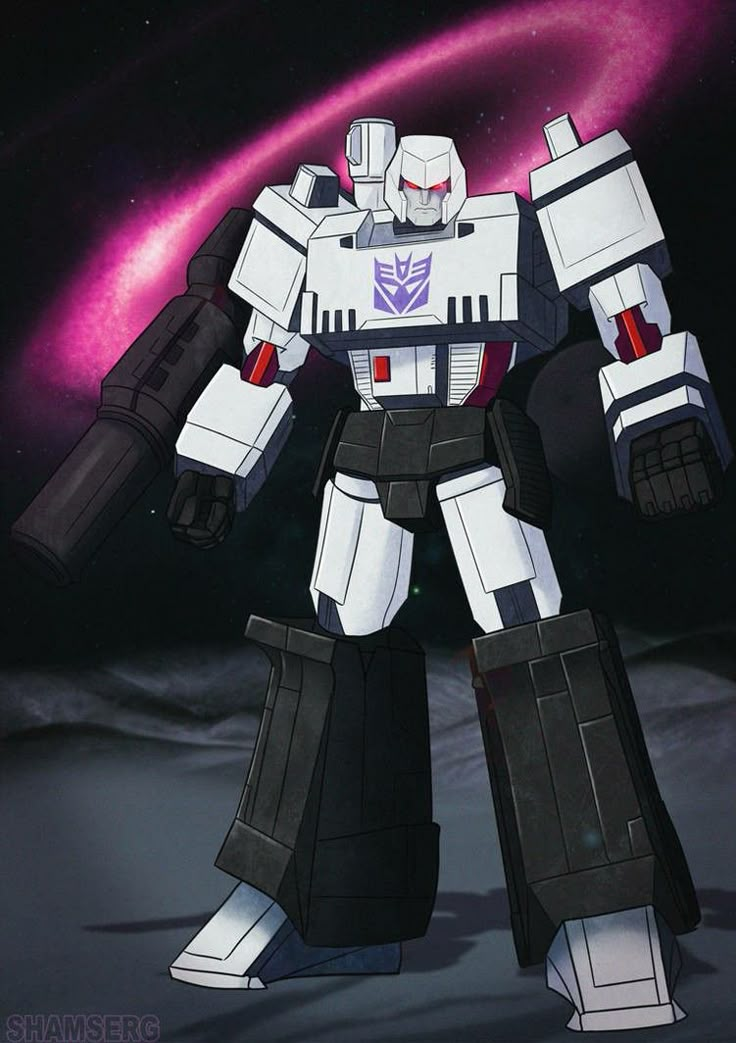 an animated image of a giant robot standing in front of a purple and black background