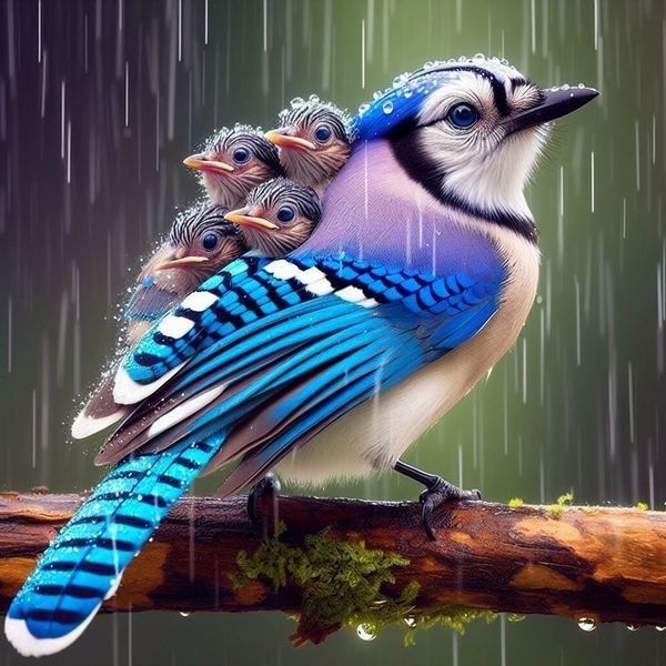 a blue bird sitting on top of a tree branch in the rain with its babies