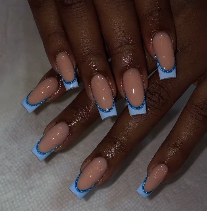 Cute French Tip Nails Acrylic Blue, Blue French Tip Toe Nails, Short Blue French Tip Nails, Aquarius Nail Art, Baddie Nails Acrylic Blue, Blue Square Acrylic Nails, Turkey Nails, Baby Blue Nails, Gel Toe Nails