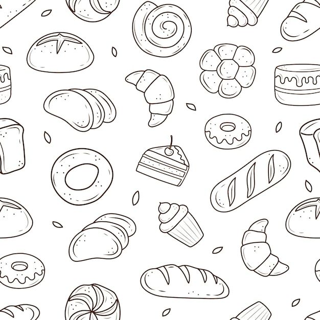 a bunch of different types of breads and pastries on a white background illustration