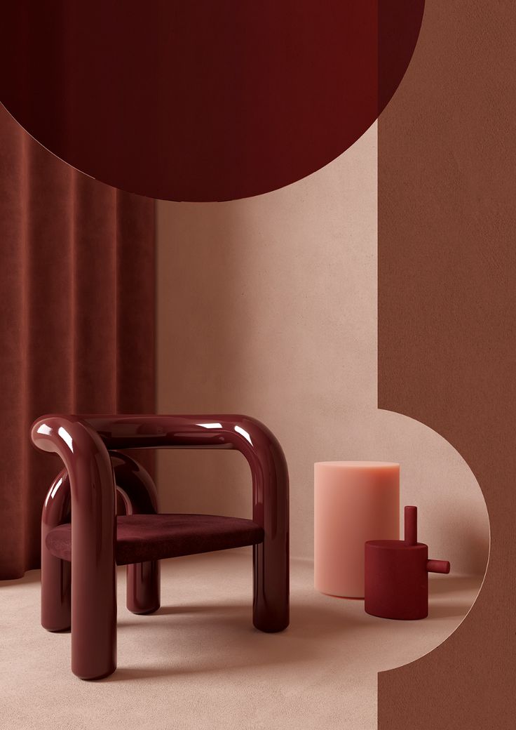 a chair, vase and candle on the floor in front of a wall with circles