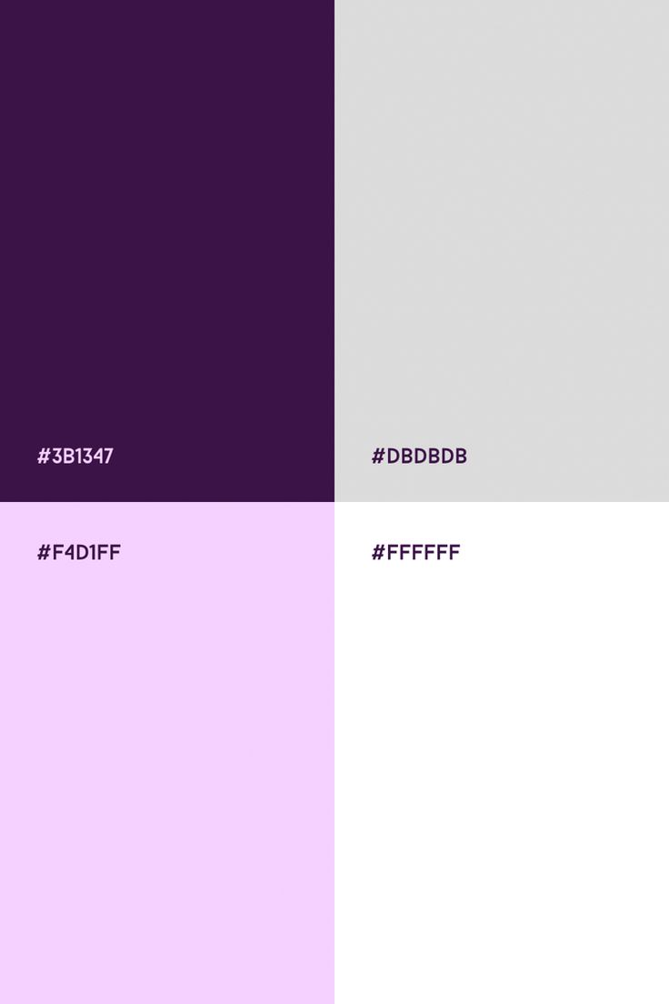 Dark purple, light gray, white and lilac color palette for design inspiration Purple Gray White Color Palette, Purple Silver White Color Palette, Light Purple Pallete Color, Purple And White Colour Palette, Color Palette Light Purple, Dark Purple Pallet, Lilac Purple Color Palette, Lavender Branding Color Schemes, White And Purple Color Palette