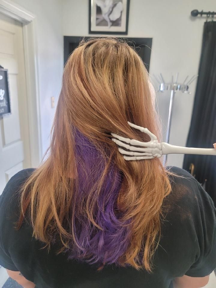 Peekaboo purple hair. Ginger With Purple Highlights, Ginger Purple Hair, Peekaboo Purple Hair, Ginger And Purple Hair, Peekaboo Purple, Purple Peekaboo Hair, Purple Hair Ideas, Hair Dyed Underneath, Purple Brown Hair