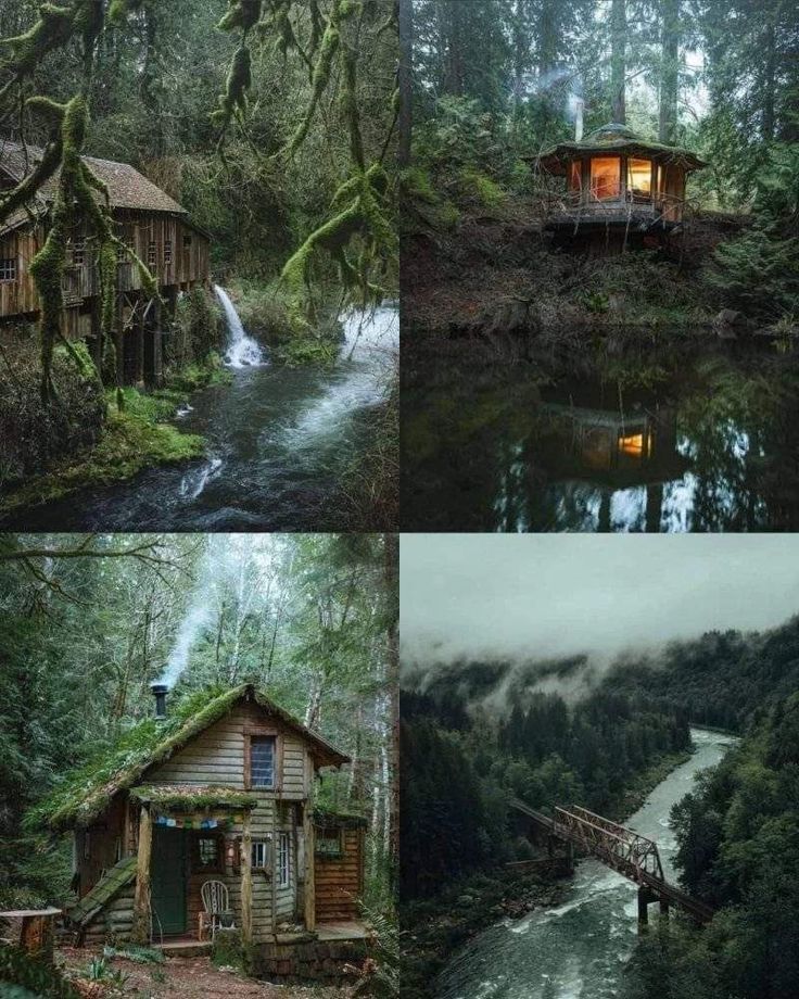 four different views of houses in the woods with water flowing from them and trees surrounding it