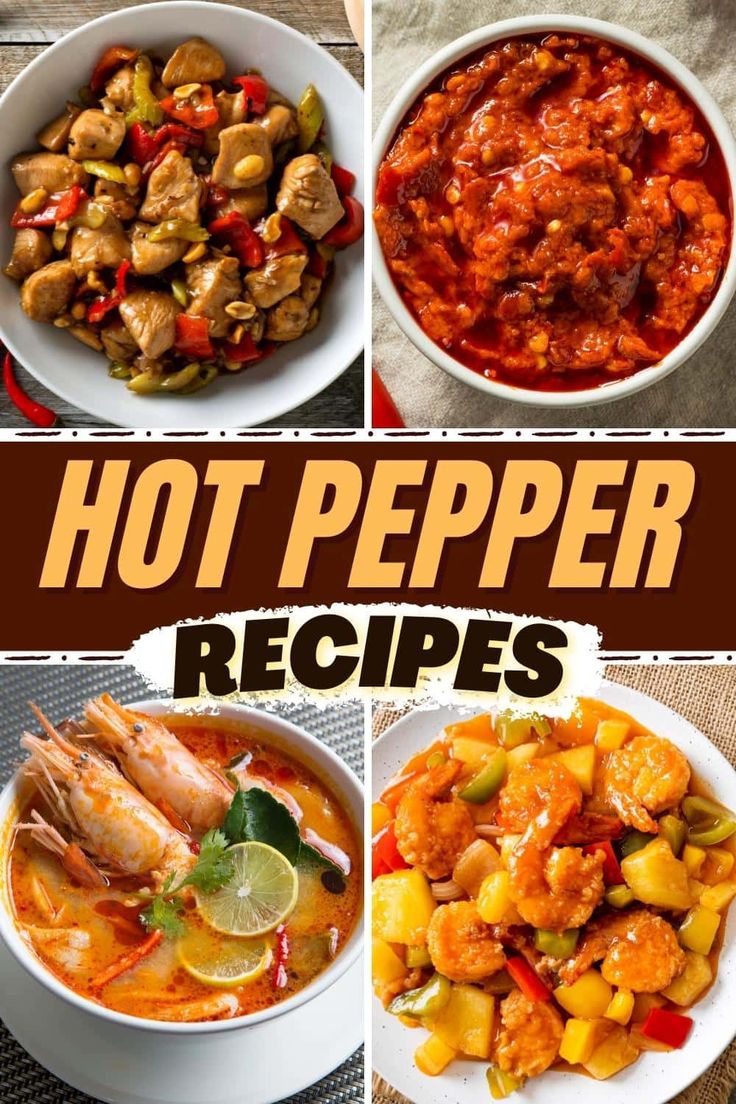 different types of food are shown in this collage with the words hot pepper recipes