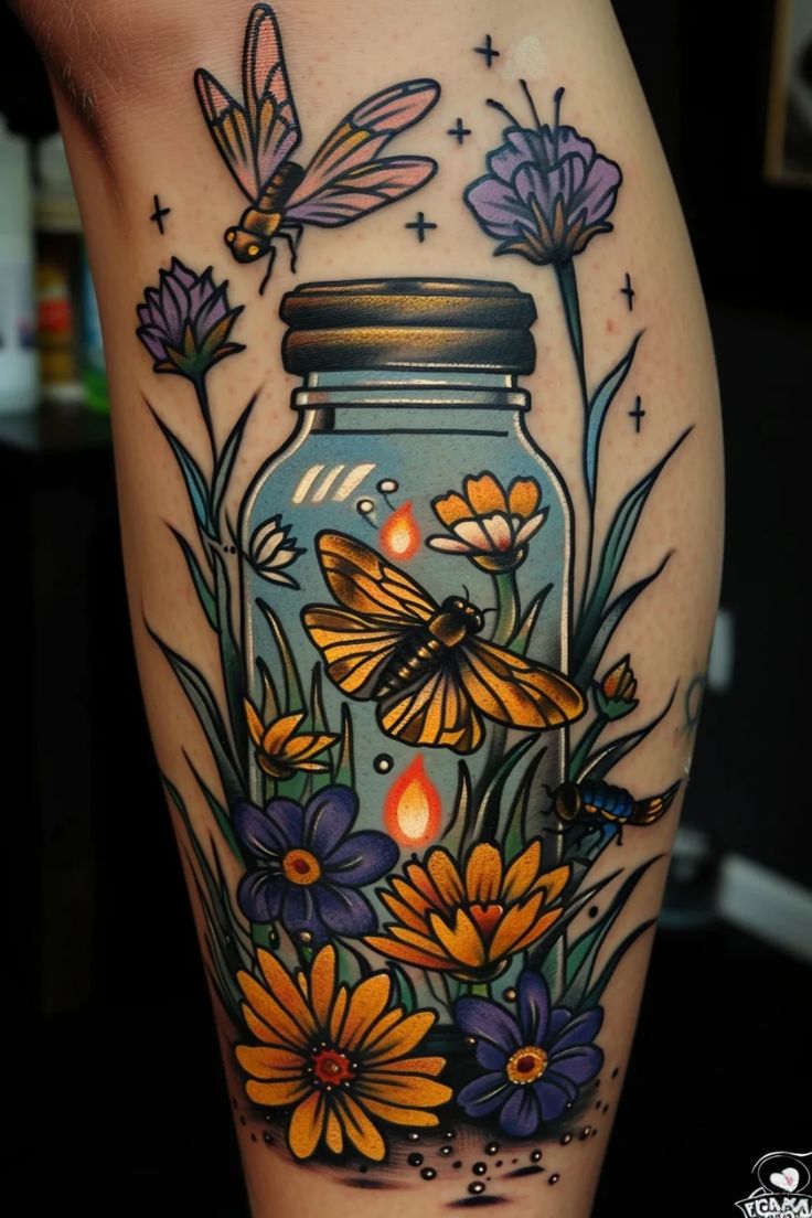 a woman's thigh with flowers and butterflies in a jar