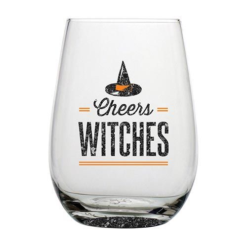 a wine glass with the words cheers witches on it and a witch's hat