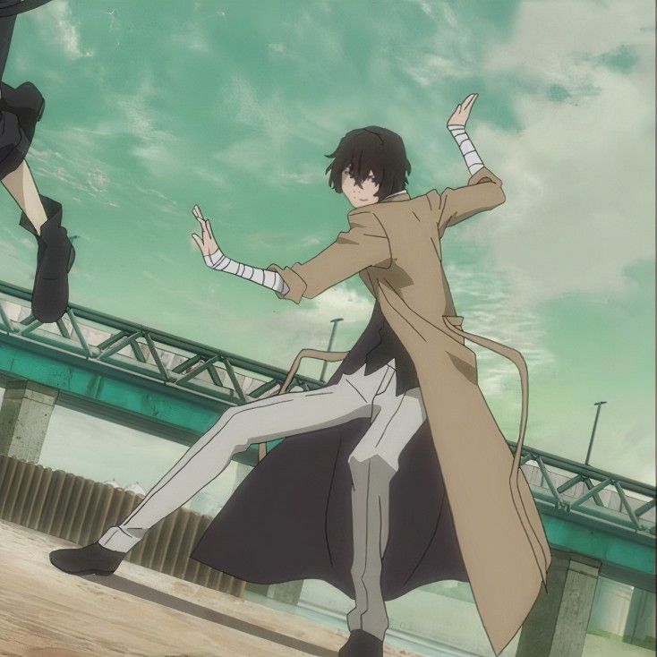 two anime characters are standing in front of a bridge and one is holding his hand out