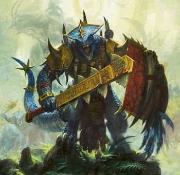 a painting of a monster with horns and armor holding a sign in his hand while standing on top of a hill