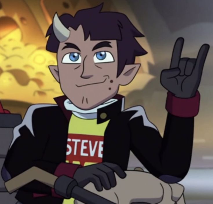 an animated image of a man with horns on his head holding a steering wheel and giving the peace sign