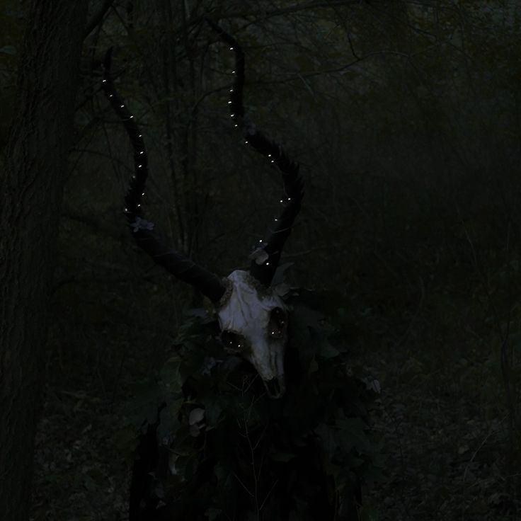 an animal with horns and lights in the dark