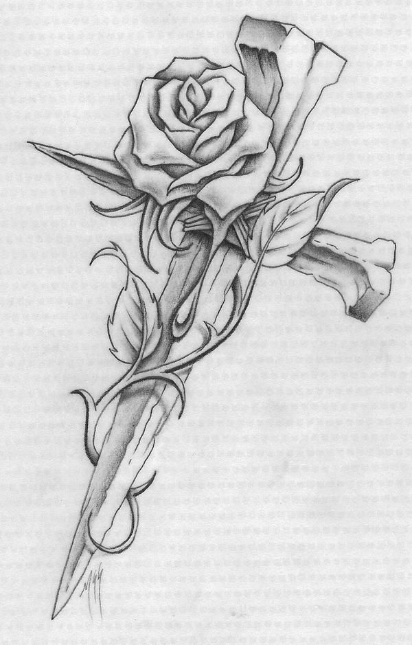 a pencil drawing of a rose on a cross