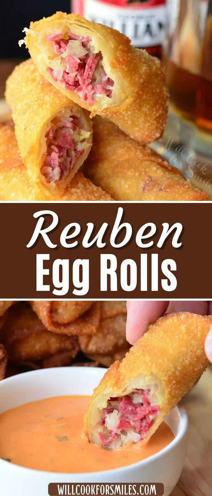 the recipe for reuben egg rolls is shown with dipping sauce