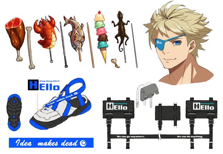 an anime character with various items in front of him