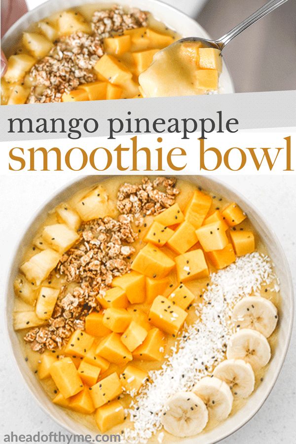 mango pineapple smoothie bowl with banana slices and granola in the middle, on a white counter top