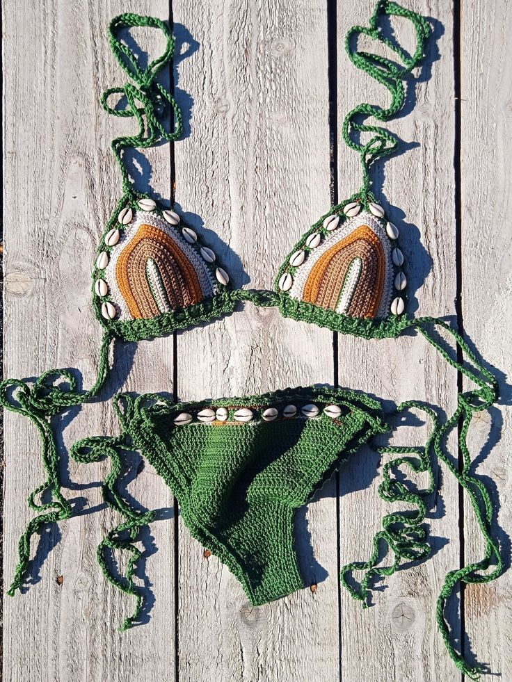 "© Copyright protected Original design by GoodMoodCreations Custom made for Pierce :)...her own choice of colors and design :) (see the review Pierce Cushenbery left on June 15, 2019). Pierce, thank you for these beautiful photos! You can have this bikini with or without shells: www.etsy.com/listing/278011110 Handmade with 100% high-quality cotton yarn in vintage pale cream. You can get wet with this bikini and it will stay in place. The stitches are very dense and tight to give enough support a Handmade Triangle Top Swimwear, Handmade Beachwear Swimwear For Sunbathing, Handmade Beachy Swimwear With Triangle Top, Handmade Multicolor Swimwear For Beach Season, Handmade Summer Swimwear For Pool, Handmade Beachwear Swimwear For Poolside, Handmade Poolside Swimwear Beachwear, Handmade Poolside Beachwear Swimwear, Handmade Multicolor Beachwear Swimwear