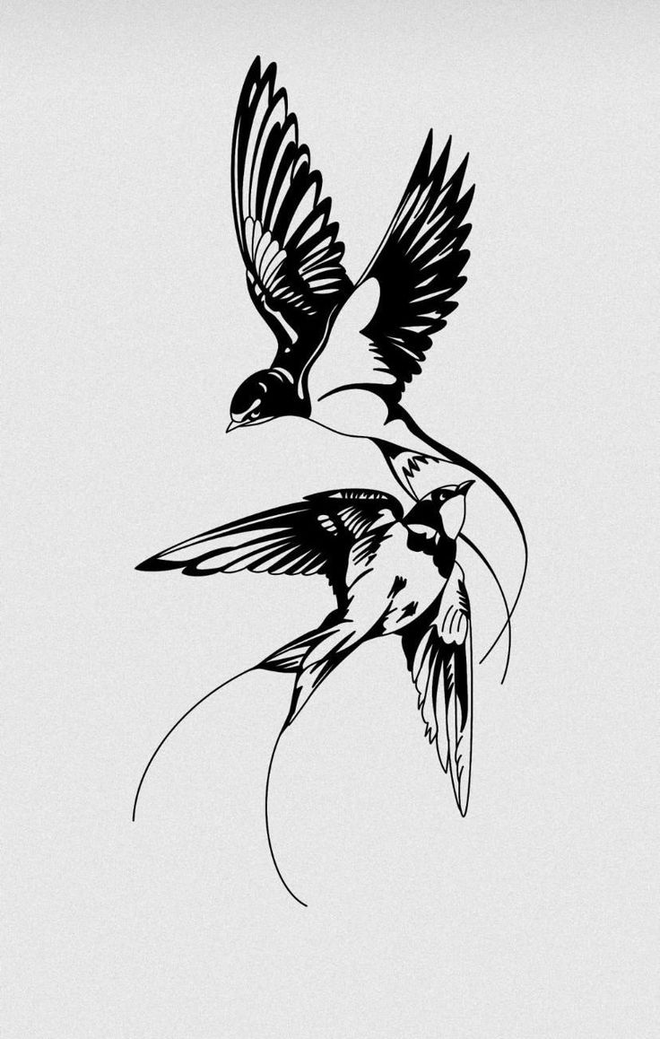 a black and white drawing of two birds flying side by side with each other's wings