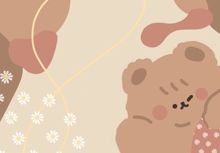 a brown teddy bear laying on top of a bed next to white and pink flowers