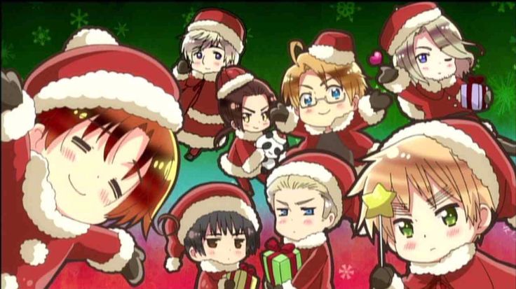 an anime christmas scene with many people dressed in santa hats